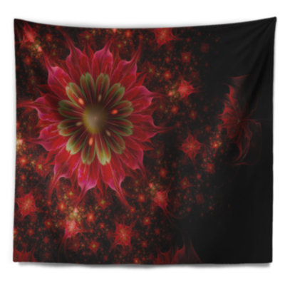 Tapisserie abstraite « Fractal Flowers » rouge foncé et vert clair