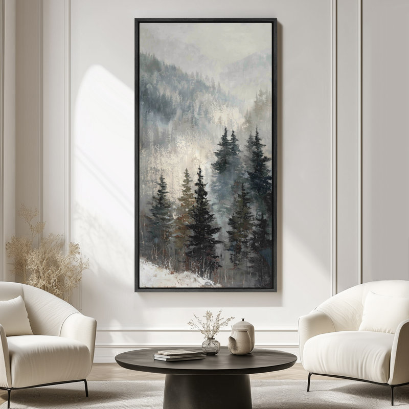 «Misty Pine Forest in Mountain Fog Winter Landscape», impression sur toile encadrée pour chambre principale, Noir