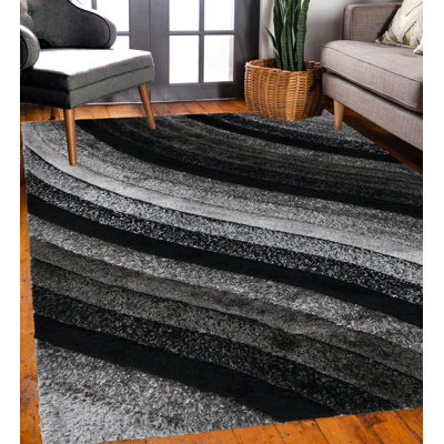 RugGuy Geometric Modern Area Rug - Black & Gray Wavy Stripe - for Living Room, Dining Room - 5'3" x 7'3" , Shed-Free, Easy to Clean