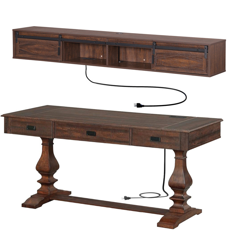 Farmhouse Home Office Desk And Hutch Set With Charging Station，Brown, Brown/Brown
