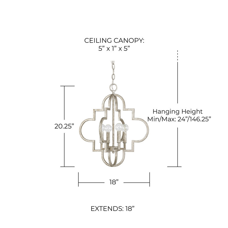 Lustre géométrique à 4 lumières de style bougie Ellis, H 20,25 po x l 18 po x p 18 po, Argent antique