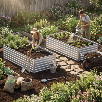 Silver Metal Outdoor Raised Garden Bed