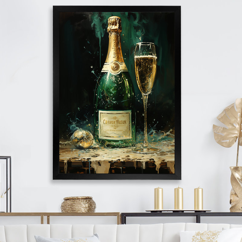 «Gold and Emerald Champagne Dream I» - Impression sur toile champagne, H 40 po x l 30 po x P 1,5 po, Cadre simple noir