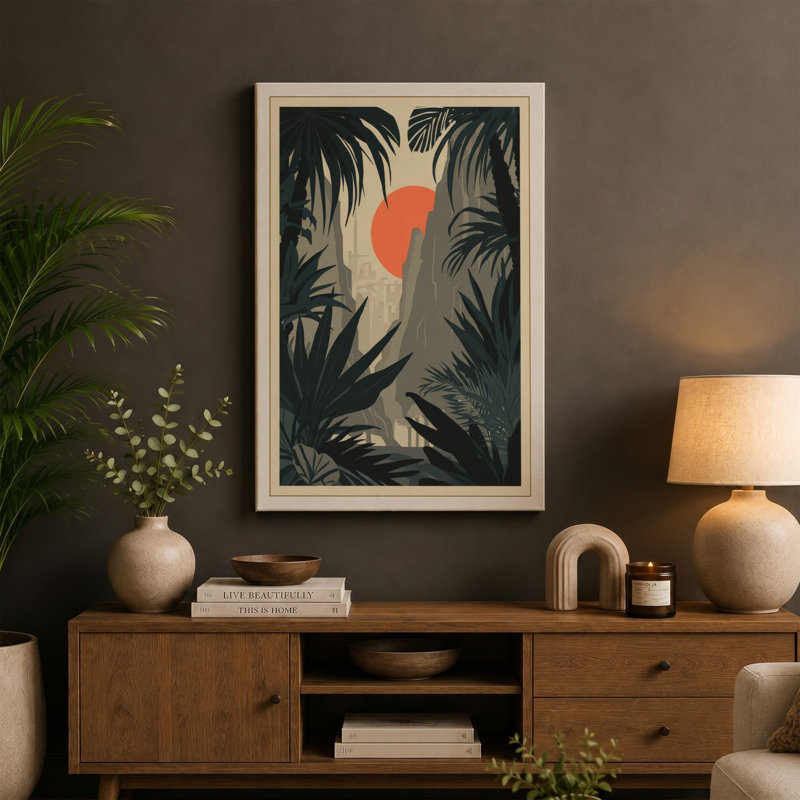 Tropical Sun in Silhouette Art Deco - Wrapped Canvas, 30x20 - 76.2 x 50.8 cm, Terracotta Border