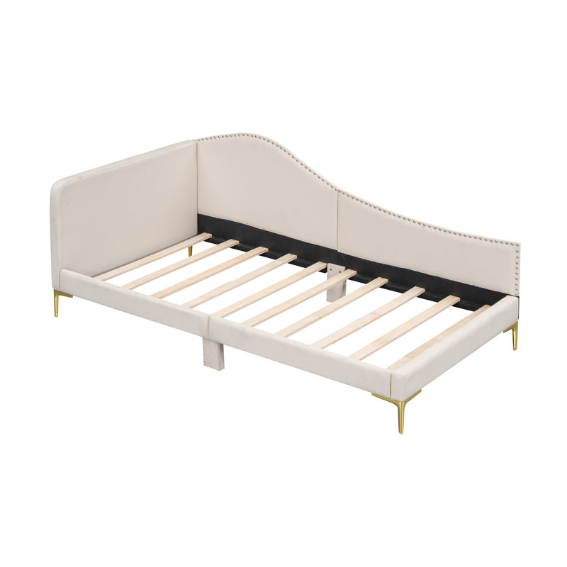 Lit de jour rembourré avec tête de lit et accoudoirs, pieds de soutien, Beige, Lit simple