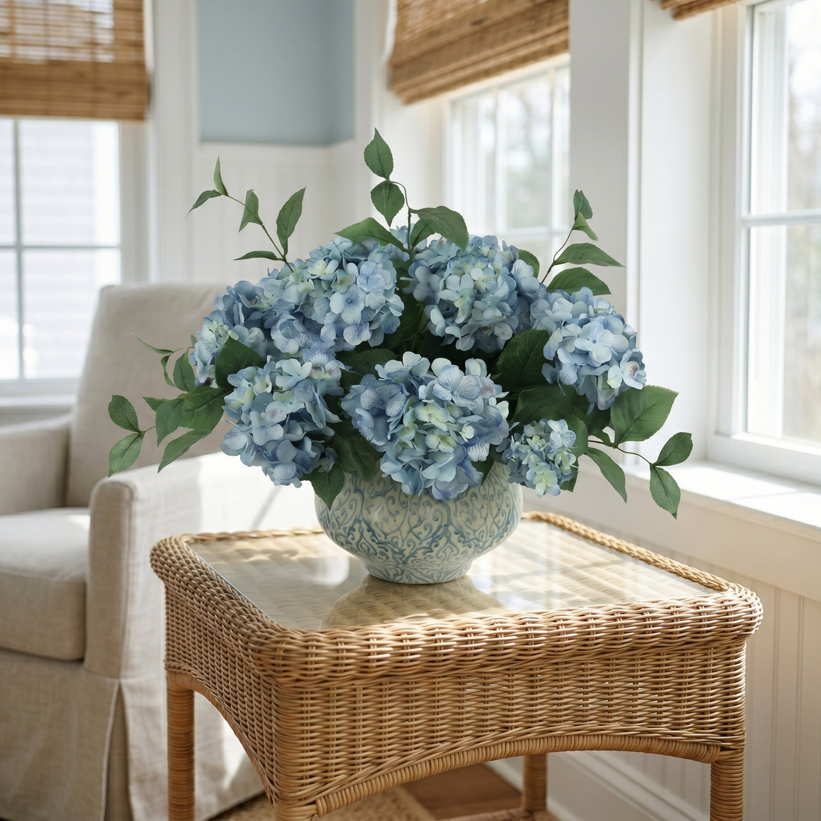 Keenum Hydrangea Floral Arrangement in Vase, Blue