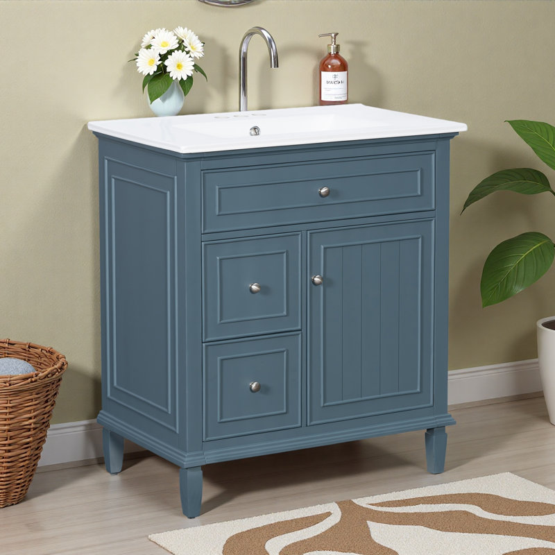 Meuble-lavabo 30 po avec lavabo, meuble-lavabo avec un tiroir rabattable et deux tiroirs, Bleu