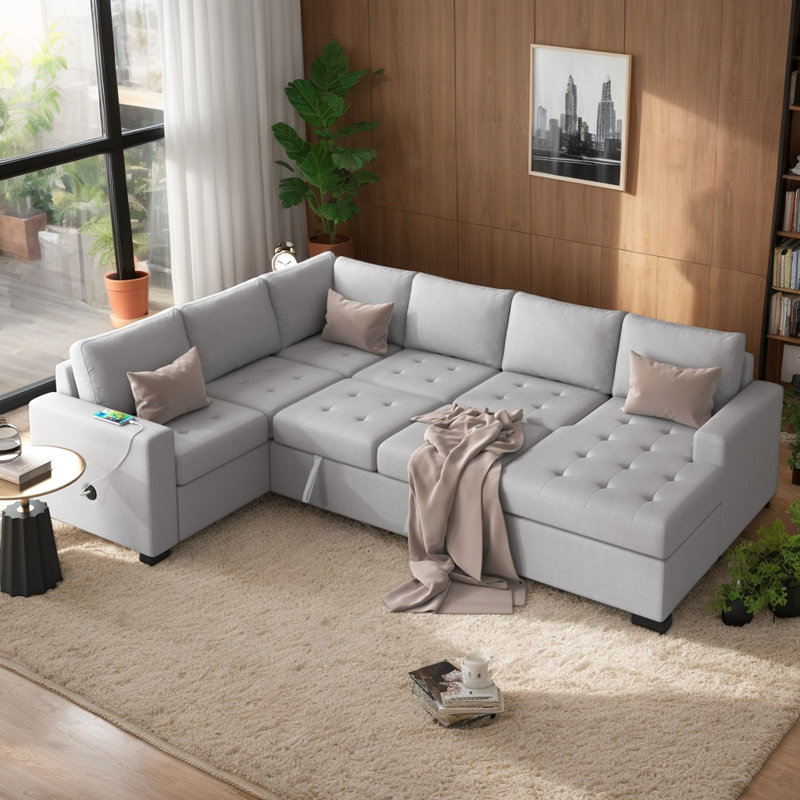 Weger Sectional Sleeper Sofa 108 inch Oversized Chenille Upholstered Sofa Bed U-Shape Sectional Couch Sleeper Bed with Pull Out Bed and Charging Ports for Living Room