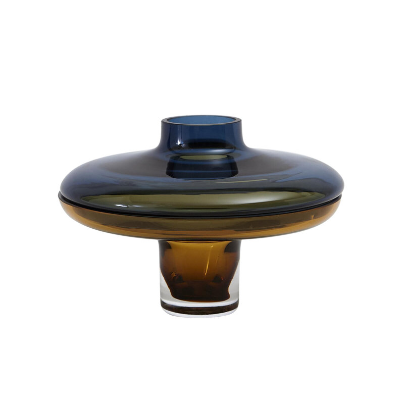 Low Amber Over Cobalt Vase, 6'' H x 9" W x 9" D