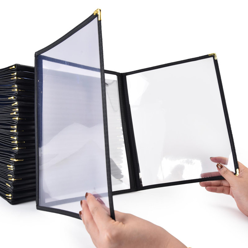 WeChef, paquet de 30, housse de menu, pli triple, 6 vues, garniture double point pour papier de café transparent de 8,5 x 11 po noir