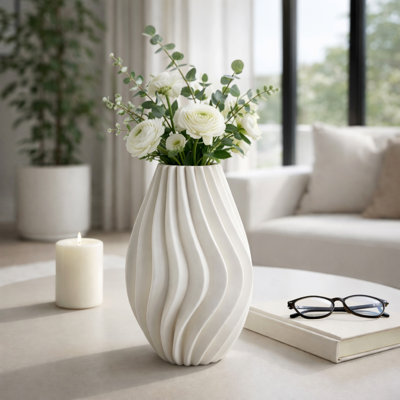 Decorative Porcelain Flower Vase Accent for Home Decor - Sculptural Tall Table Vase for Living Room, Shelf, and Entryway Styling - 13", Ivory