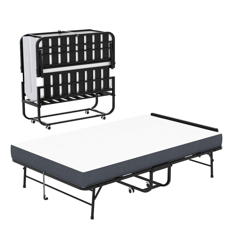 Lit pliant de 75 po x 46 po de large avec tête de lit réglable, matelas en mousse à mémoire de forme de 5 po, lit d'invité robuste sur roulettes pour les personnes de grande taille, cadre en métal de lit industriel spacieux et simple, installation f