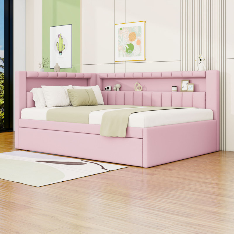 Full Upholstered Platform Bed with LED and USB Ports and Trundle, Pink