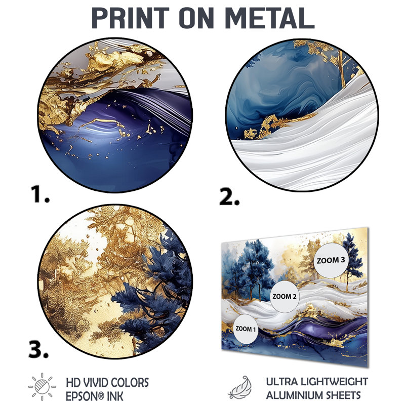 «Golden Trees Aurora Over The Marble Peaks II», art mural abstrait en métal, H 34 po x l 44 po