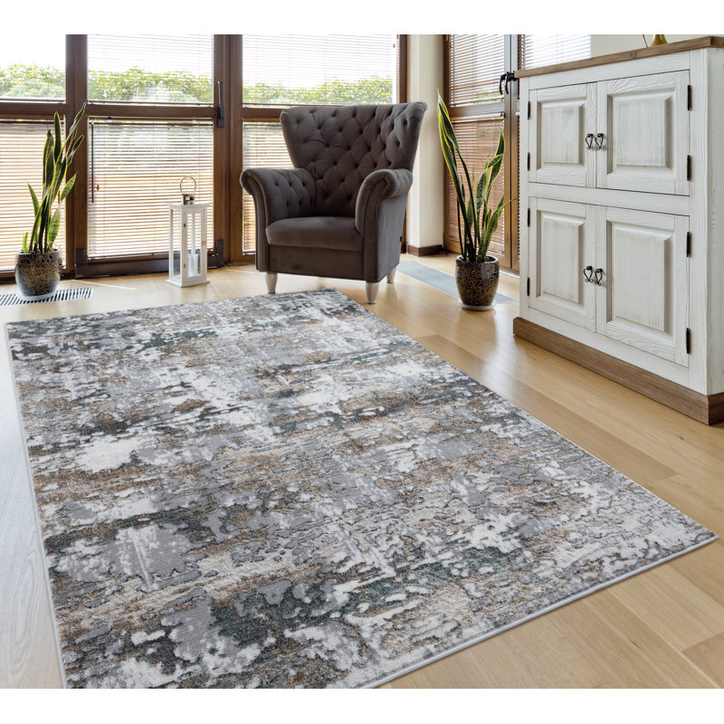 Tapis abstrait en polyester tissé à la machine rectangulaire brun 12 pi 6 po x 15 pi Shonnell