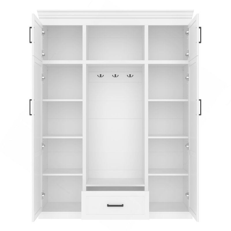 Arbre d'entrée 85,2 po avec banc et 3 crochets, armoire de rangement moderne avec 4 portes, 1 tiroir et tablettes réglables pour le couloir, le vestibule et le salon