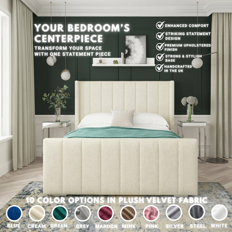 Aspen Plush Velvet Upholstered Ottoman Bed Frame, Cream, Small Double (4')