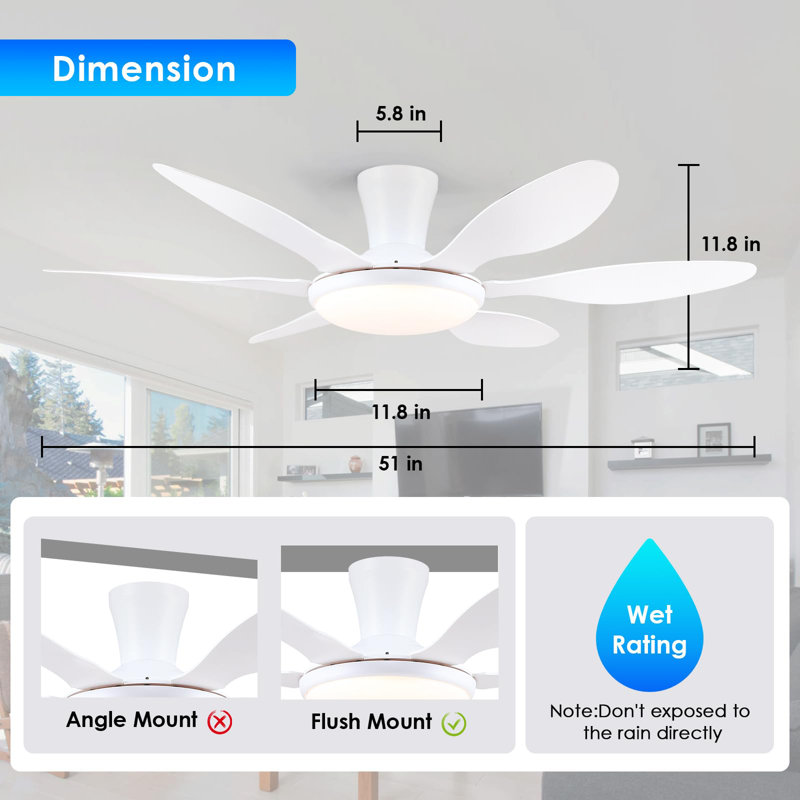 51" Flush Mount Ceiling Fan And Remote Control, White