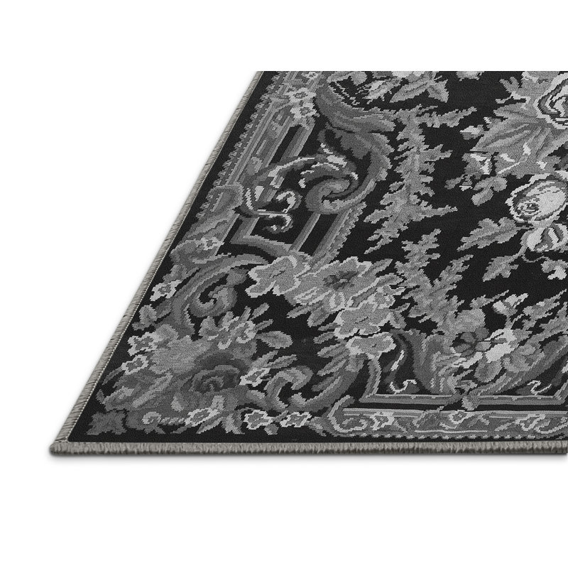 Tapis oriental gris / noir en chenille / polyester tissé à la machine Oline, Tapis de couloir 2 pi x 5 pi