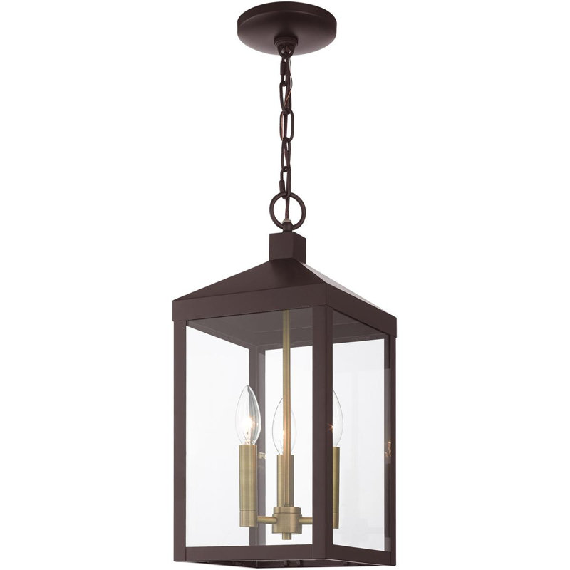 3 Light Outdoor Pendant Lantern with Clear Glass Shade, 18.5" H x 8.25" W x 8.25" D, Black/Bronze
