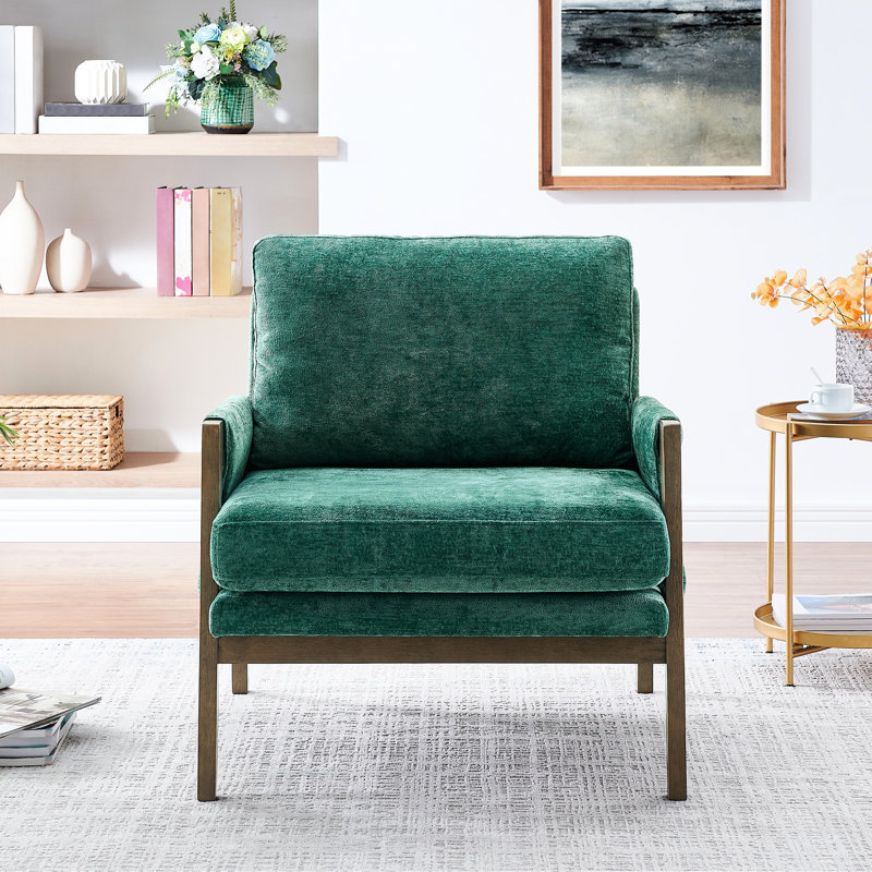 Fauteuil Mid-Century moderne en velours, structure robuste en bois d'hévéa pour tissu luxueux durable, solide, Vert