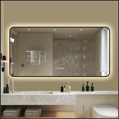 Miroir de salle de bain 48 * 24 pouces à DEL avec coins arrondis, affichage de la température, lumière tricolore, désembuage et cadre en aluminium de haute qualité