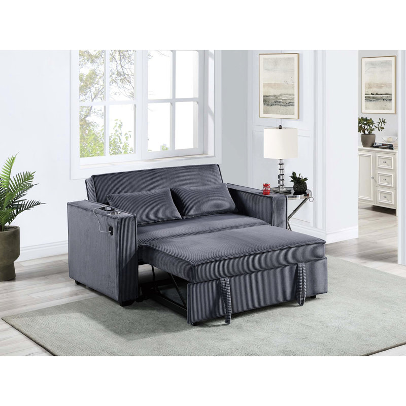 Velours côtelé gris foncé 2 avec porte-gobelets et fonction couchette, style convertible moderne de style transitionnel