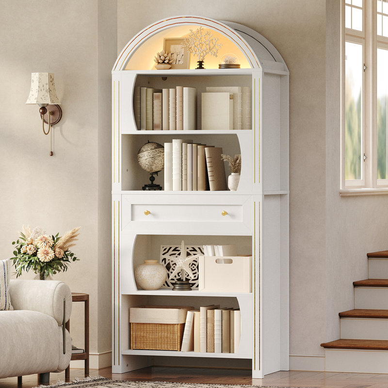 70.3" Tall Arched Bookcase, 6-tier Book Shelf With Led Lights, Farmhouse Arched Bookshef With Open Shelves and Drawer, Large Wood Storage Bookcase