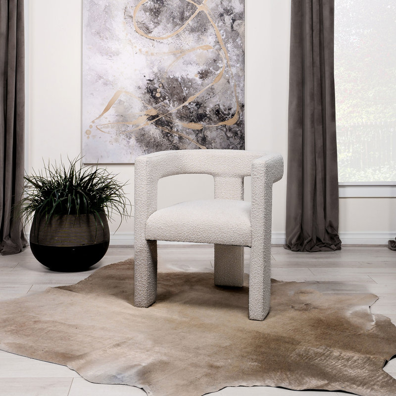 Chaise d'appoint blanche, design minimaliste moderne, revêtement Boucl, dossier ouvert arrondi, siège confortable, support à trois pieds, pour salle à manger, chaise contemporaine de 26 pouces de largeur avec siège monochrome