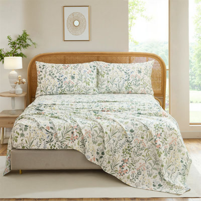 100% Cotton Sheet Set King Size – 4-Piece Chic Garden Floral Bedding Set, Soft Breathable Percale Weave, Deep Pocket Fitted Sheet 17.5", Crisp Cool Feel, Refined Botanical Elegance