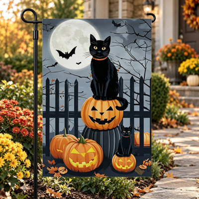 Drapeau de jardin de bienvenue pour l'Halloween, double face, 30 x 45 cm, chat noir et orange avec lune