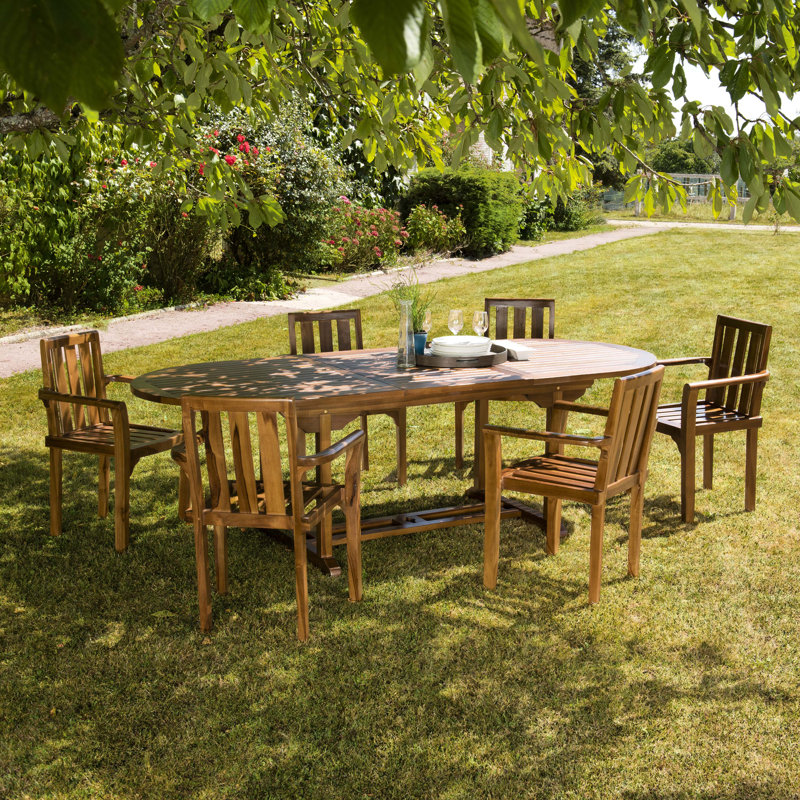 Legros Teak Wood Patio Dining Set with Extendable Oval Table, 75cm H x 180cm W x 100cm L