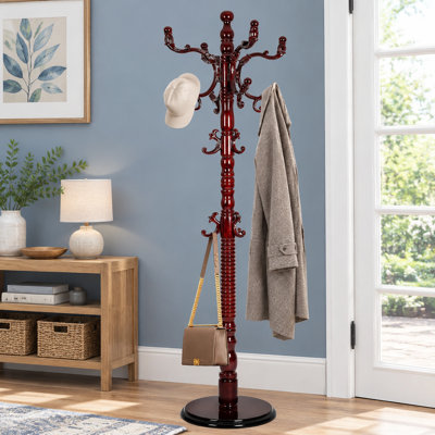 Freestanding Wooden Coat Tree with 14 Hooks and an Adjustable 73" Height