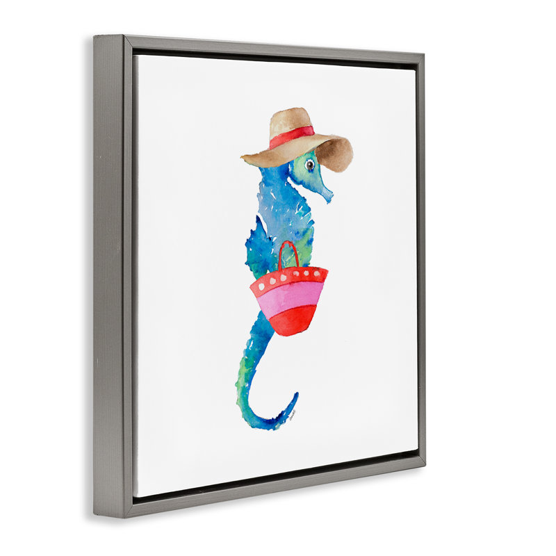 «Seahorse in Beach Hat», art mural encadré flottant par Lanie Loreth, Cadre flottant gris lustré, H 18 po x l 18 po