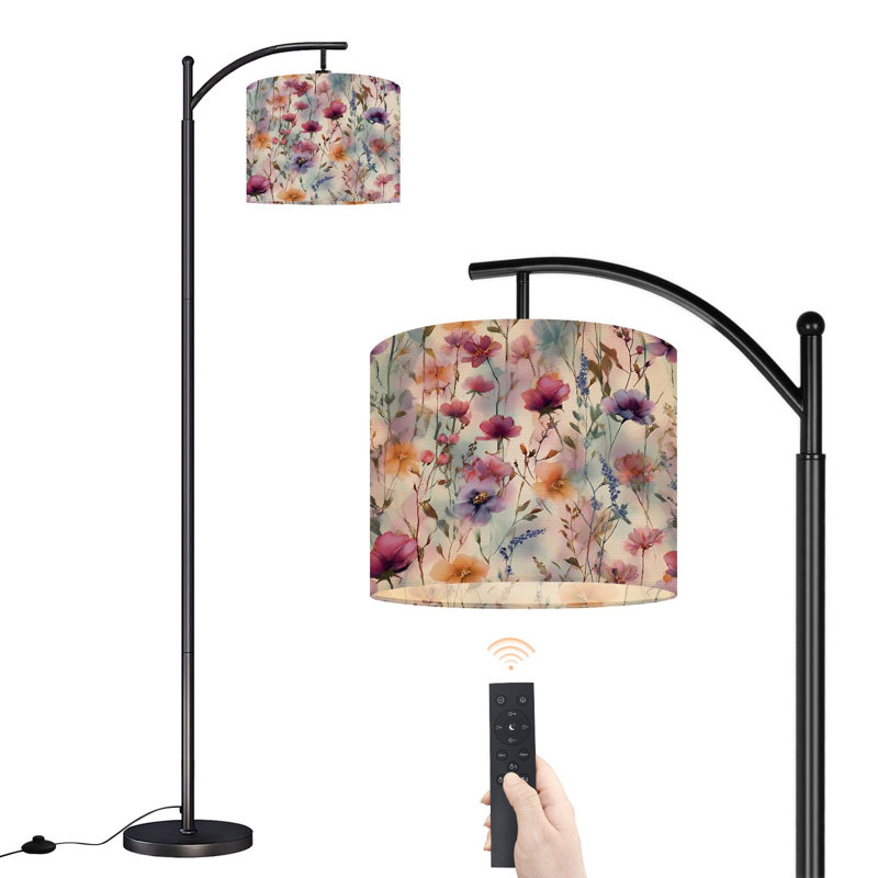Arc Floor Lamp with Adjustable Lampshade Watercolor Floral Vibrant Blossoms Soft Standing Lamp 3 Colour Temperatures Dimmable Tall Pole Lamp with Foot Switch for Bedroom
