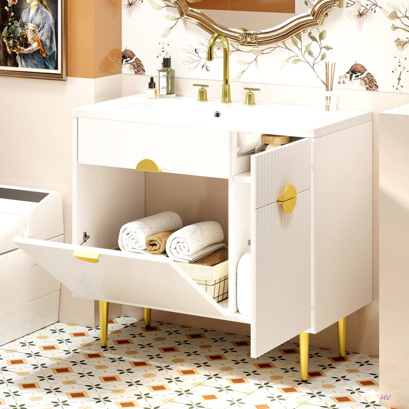 Meuble-lavabo de 36 po avec lavabo en résine, meuble-lavabo moderne, armoire de rangement avec porte à fermeture en douceur et porte rabattable