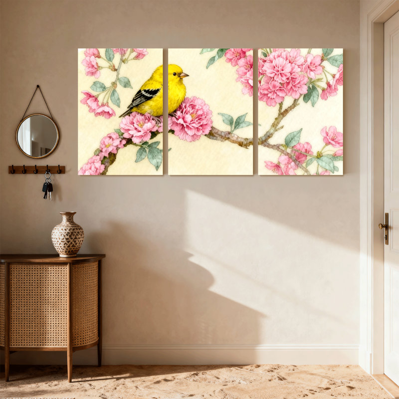 Oiseaux oiseaux jaunes sur une branche de fleur rose, ensemble de 3 impressions sur toile, H 18 po x l 36 po