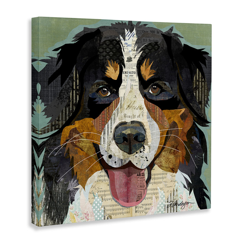 «Bernese Mountain Dog Portrait Layered Ephemera Collage» par Traci Anderson, impression sur toile tendue