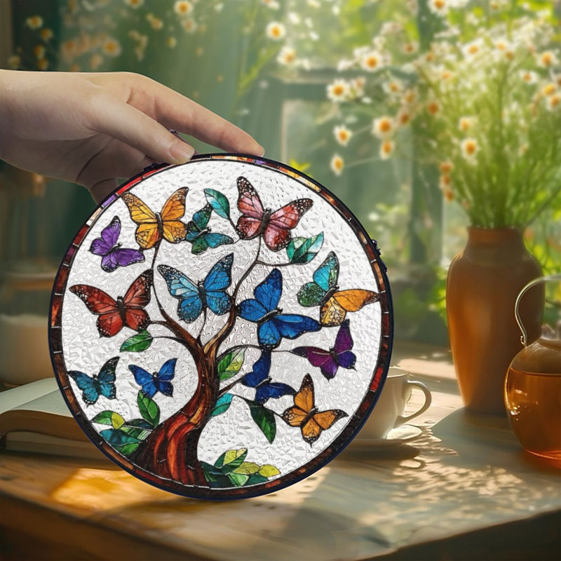 Papillons sur des panneaux de vitrail arbre de vie Suncatcher pour décor de fenêtre, 9,8 x 9,8 po (25 x 25 cm)