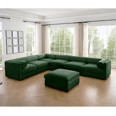 Grand canapé modulaire modulaire avec rangement Canapé modulaire en chenille pour le salon, dossier cylindrique et accoudoirs 6 places, vert