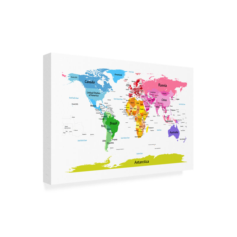 Art mural sur toile tendue - «World Map for Kids II» de Michael Tompsett pour décoration de salon, de chambre à coucher ou de bureau - 16 x 24