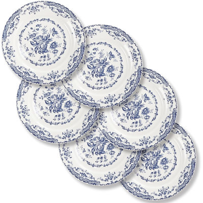 Assiettes à salade, assiette à fleurs 8,5 pouces, bleu et blanc, céramique, ensemble de 6 | Convient au micro-ondes, au lave-vaisselle, à assiette à dessert, idéal pour une utilisation quotidienne et les fêtes