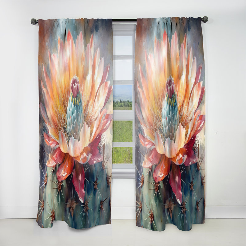 Rideau en velours floral orange et vert cactus III - 1 panneau, L 52 po x L 120 po