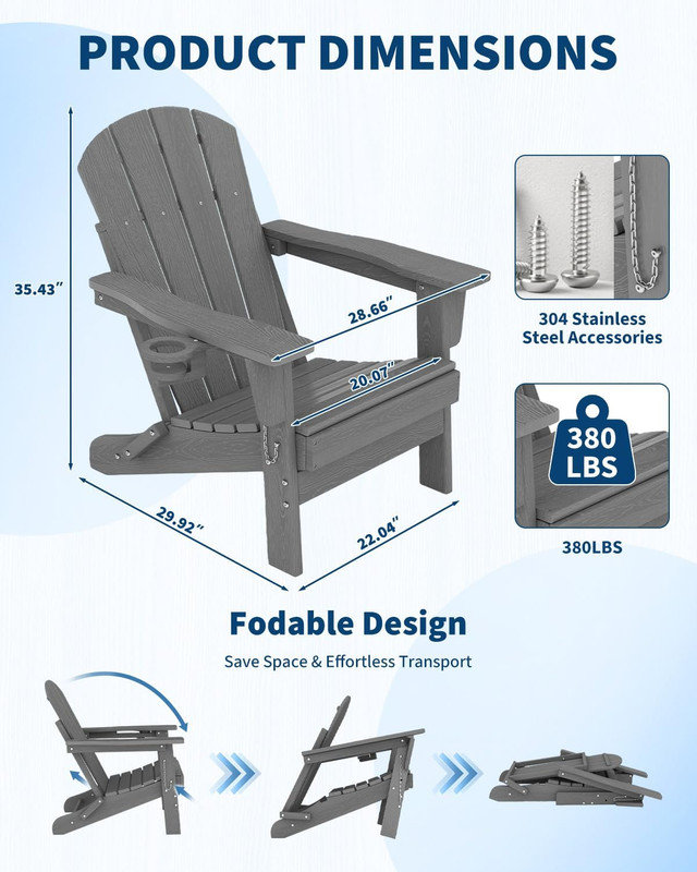 Folding HDPE Adirondack Chair with Cup Holder, Wood-Grain Texture, All-Weather Outdoor Patio Seating for Decks, Gardens, Fire Pit