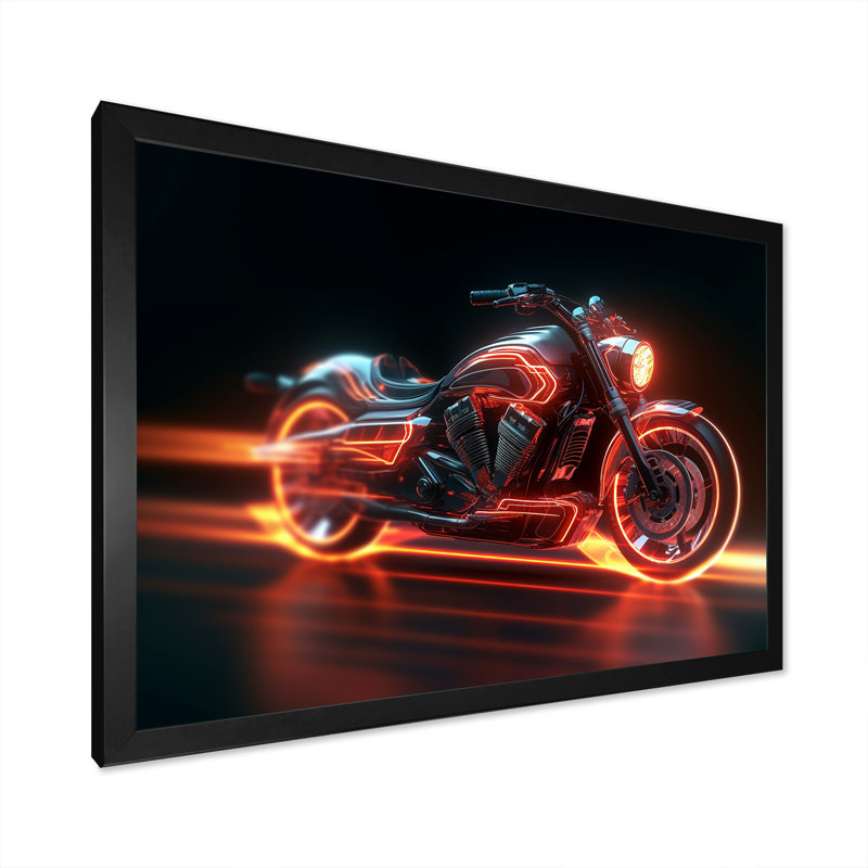 «Neon Light Strips Around Silver Moto», reproduction sur toile, Cadre simple noir, H 34 po x l 44 po x P 1,5 po