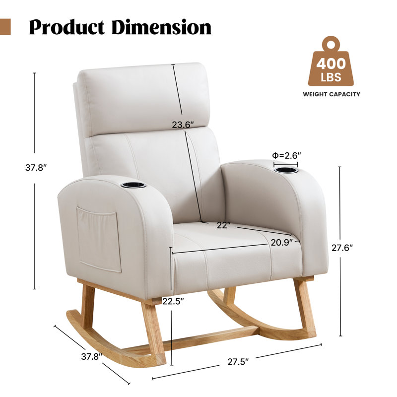 Chaise berçante rembourrée avec grandes poches et porte-gobelet, Beige