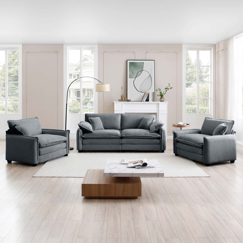 Ensemble de canapé luxueux et sophistiqué avec coussins et coussins moelleux, ensemble de canapé pour les salons et les clubs ainsi que les cinémas maison, composé de deux canapés simples et d'un canapé 2 places Ingrey Corduroy