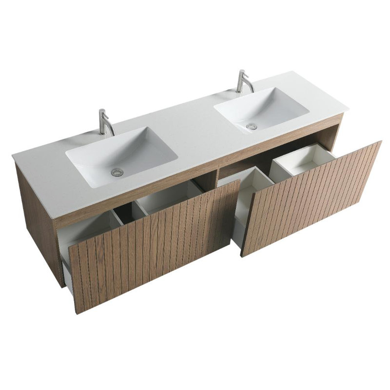 Capot - 5n 72 po X P 19,80 po P 20,00 po Meuble-lavabo mural H en bois naturel avec double lavabo blanc