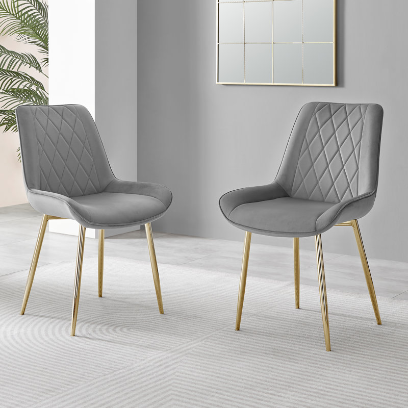 Simsbury Velvet Modern Upholstered Quilt Stitched Tapered Metal Leg Luxury Dining Chairs, Gold, Gray