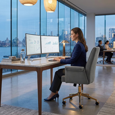 Chaise de bureau en velours côtelé gris à dossier moyen avec base dorée élégante et mousse à mémoire de forme